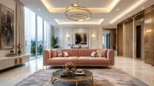 Ultra luxury blush pink velvet sofa with sleek golden legs in a modern aesthetic living room featuring premium polished marble flooring and a contemporary layered false ceiling design.
