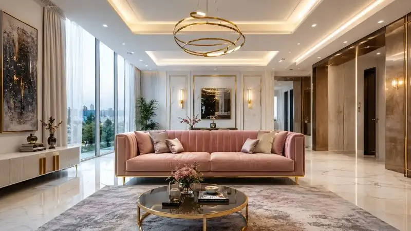 Ultra luxury blush pink velvet sofa with sleek golden legs in a modern aesthetic living room featuring premium polished marble flooring and a contemporary layered false ceiling design.