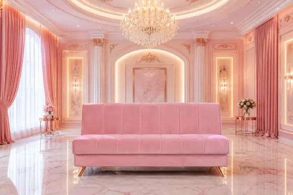 Premium pink velvet futon sleeper in a luxury rose gold living room layout