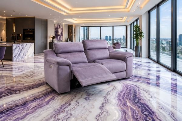 Luxury lavender reclining couch on a glossy purple agate marble floor.