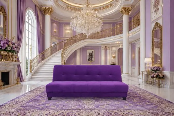 Premium purple velvet futon couch in a luxury royal palace interior