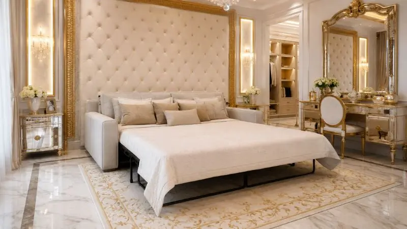 luxury queen size sofa bed inside elegant master bedroom with gold decor