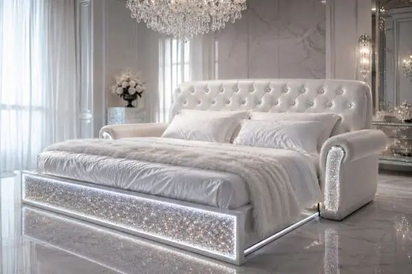 A luxurious white velvet queen size sofa bed unfolded into a bed with glowing LED lights.