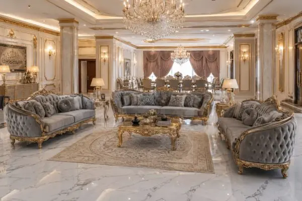 Grand palace living room with high-gloss marble flooring, gold decorated pillars, and classical dining table layout.
