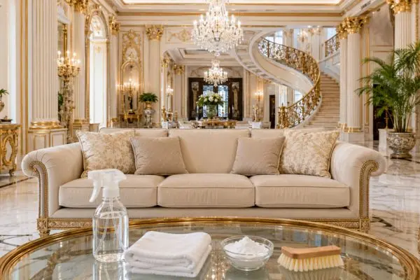 A luxury fabric sofa demonstrating tools and supplies needed to clean a fabric sofa