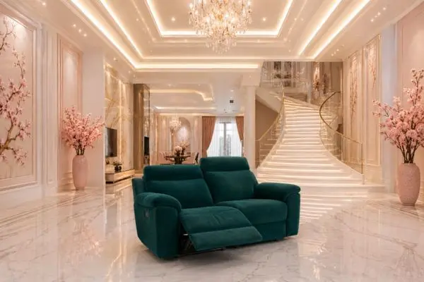 Luxury teal velvet reclining couch inside a grand rose gold mansion.