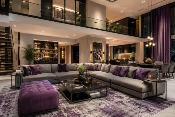Upscale modern living room featuring a large comfortable sectional couch styled with decorative purple accent pillows.
