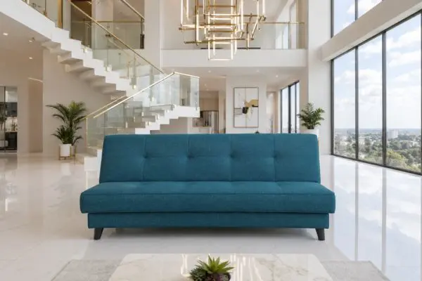 Premium teal blue velvet futon couch in a luxury penthouse interior