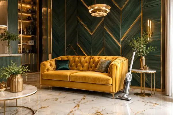 Luxurious mustard yellow velvet couch being cleaned in a modern living room setup.
