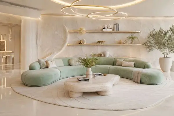A luxury pastel mint green velvet round sofa arranged on a white plush rug against a textured off-white wall with modern minimalist floating gold shelves.