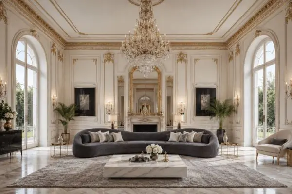 Charcoal gray textured couch styled with marble coffee table and plush rug in a luxury palace.