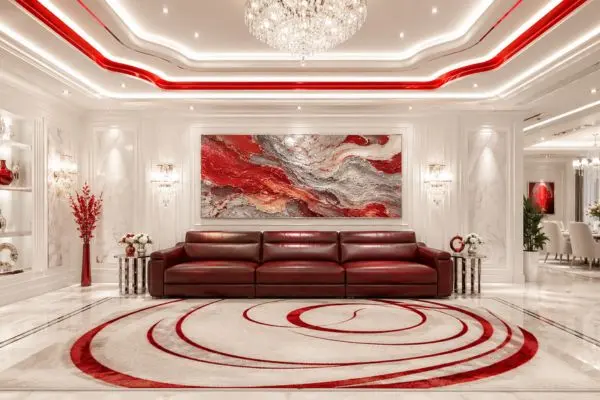 Modern leather sleeper sofa designs in luxury red and white living room interior