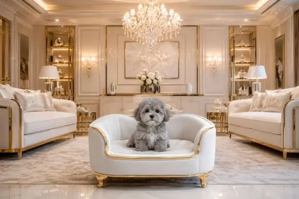 A luxury white and gold pet couch with a cute fluffy silver grey puppy in a modern living room