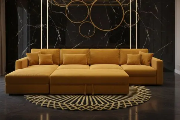 Amber yellow modular sectional couch with black marble wall