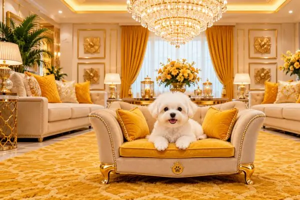 A luxury mustard yellow and cream dog sofa with a cute fluffy white puppy in a golden interior