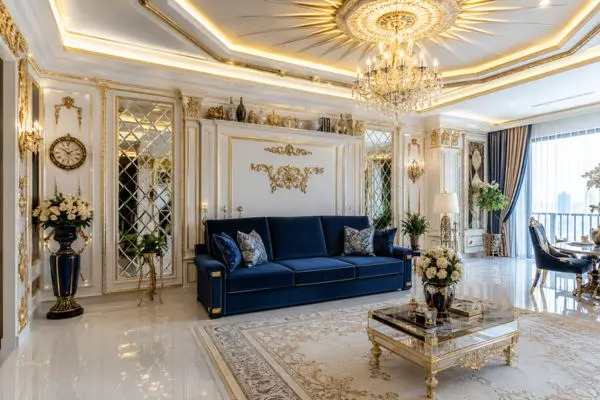 Navy blue sofa in a royal living room with white panels and gold lights.