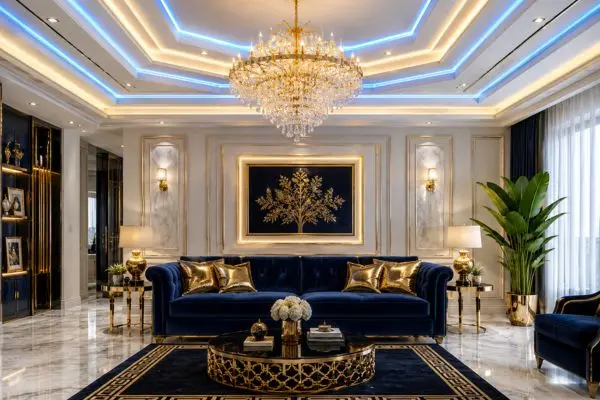 Standard navy blue velvet sofa in a bright modern living room with a beige plaster wall.