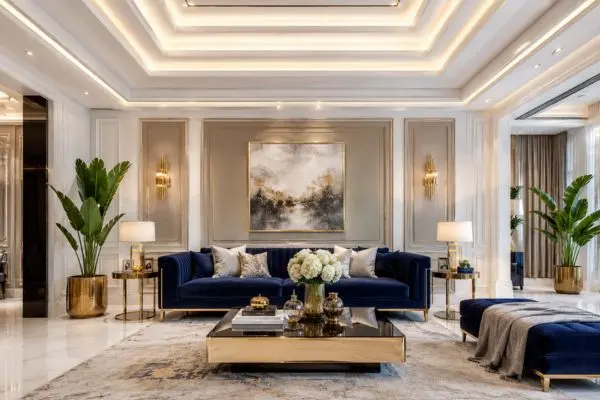 Luxury living room showing best color combinations with a navy blue sofa and LED lighted ceiling.