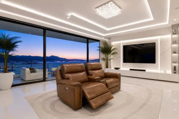 Premium tan leather reclining couch inside an ultra modern ocean view penthouse.