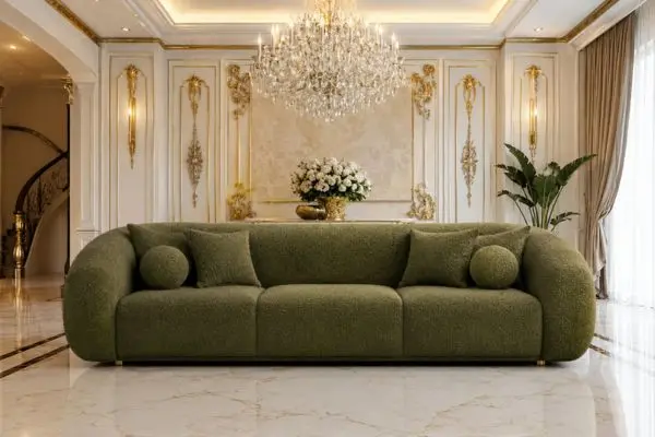 Modern olive green upholstered seating inside a grand luxury palace living room with a crystal chandelier.