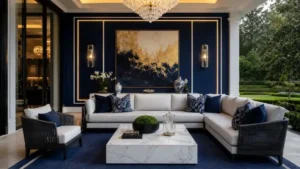 Luxury modern outdoor sofa with white cushions on a royal blue patio with a crystal chandelier