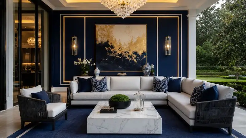 Luxury modern outdoor sofa with white cushions on a royal blue patio with a crystal chandelier