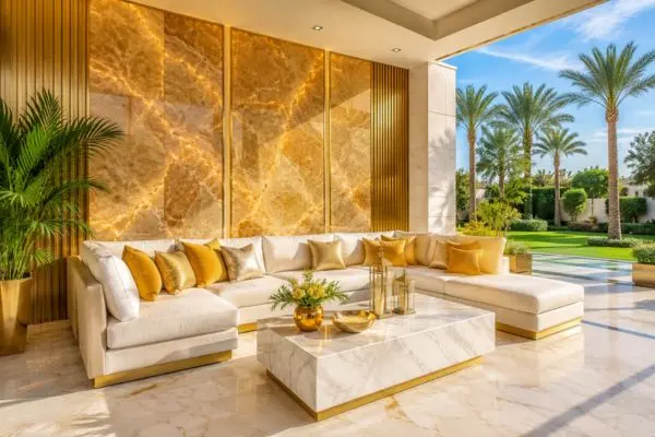 Luxury outdoor sectional sofa with yellow pillows on a bright gold patio setup