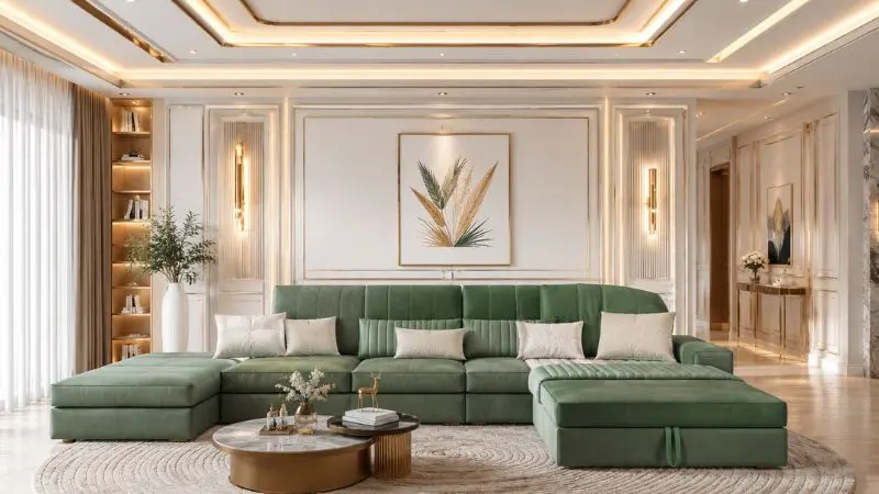 Luxury pasta green sectional sofa bed in a modern living room