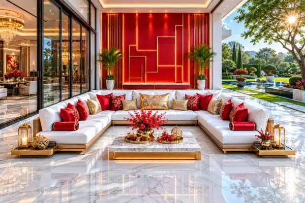 Luxury outdoor sectional sofa with red cushions on a modern villa patio