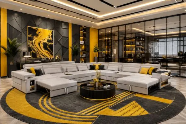 Light pearl grey sectional sofa bed in an open-concept luxury home layout