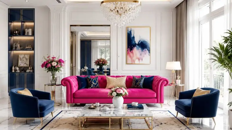 Modern pink 2 seater sofa in a luxury white and blue living room.