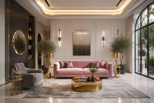 A fully visible modern velvet centerpiece in a luxury living room styled with white and beige walls, gray accents, and fresh green indoor plants.