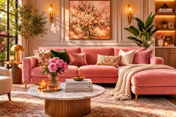 A trendy modern pink couch inside an upscale living room that showcases popular interior design benefits like adding warmth, comfort, and a sophisticated colorful alternative to traditional neutrals.