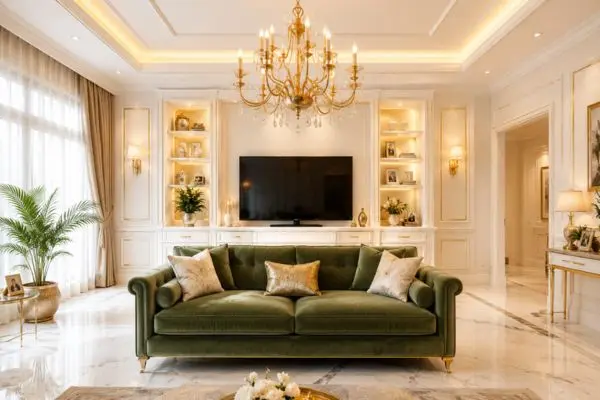 A standard three-seater green velvet sofa in a bright luxury cream TV lounge.