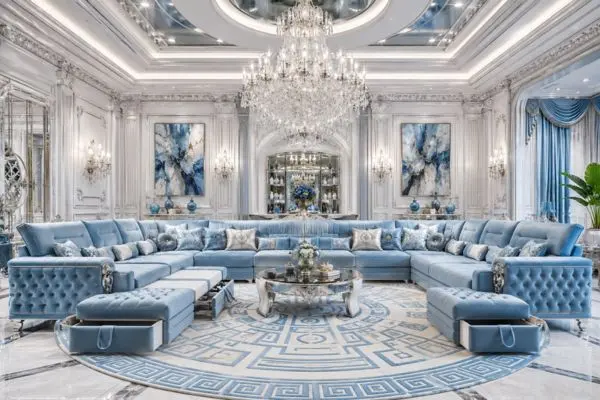 Royal powder blue sectional sofa bed under a crystal chandelier