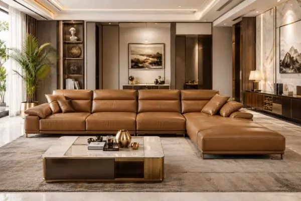 High-quality brown leather sectional sofa with a modern marble coffee table in a luxury living room.