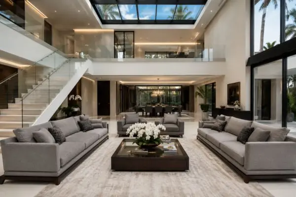 Complete grey sofa set in a double-height luxury modern living room with glass railings.
