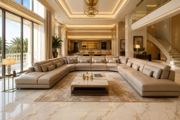 U-shaped beige seating set in a bright luxury modern villa living room