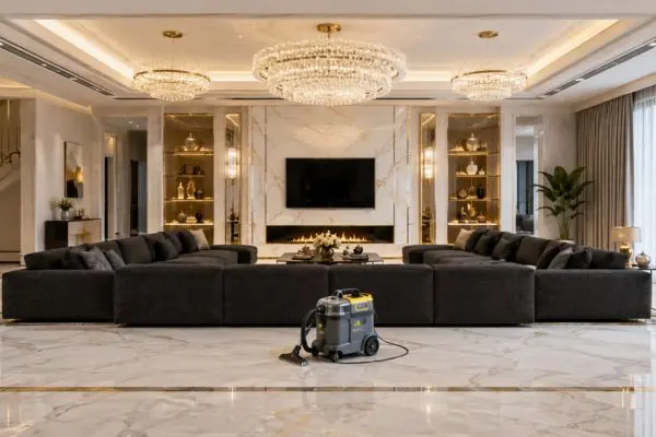 A luxury charcoal fabric sectional sofa being deep cleaned with a steam extractor