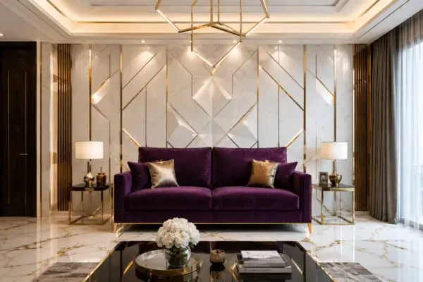 Amethyst purple 2 seater velvet sofa in a luxury modern living room.