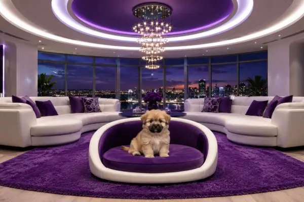 A luxury royal purple and white miniature pet couch with a cute fluffy light golden puppy inside a penthouse living room