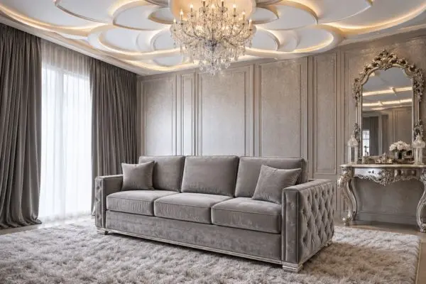 silver grey 3 seater queen size sofa bed closed position under flower ceiling