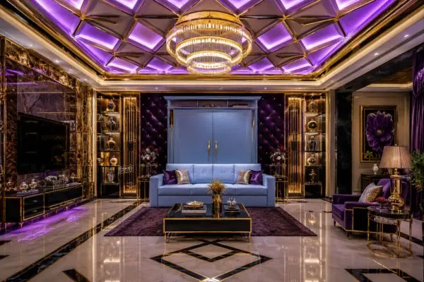 Sky blue Murphy bed sofa against a royal purple velvet tufted accent wall with gold trims.