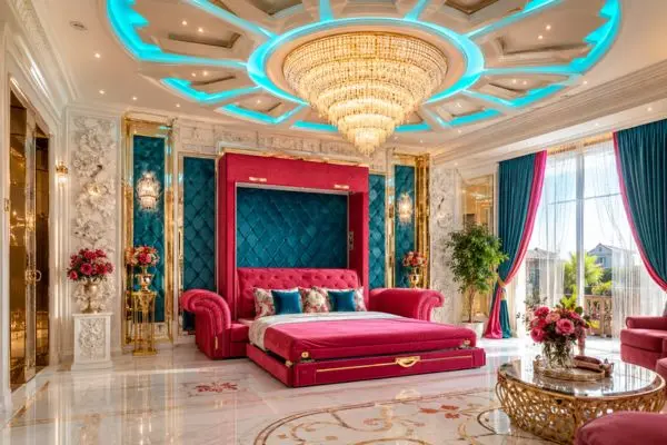 Ruby pink luxury open bedding lounge with custom turquoise tufted panels and a glowing star-burst circular ceiling.