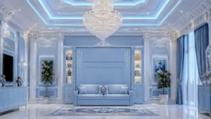 Sky blue luxury Murphy bed sofa in a royal living room with blue neon false ceiling.