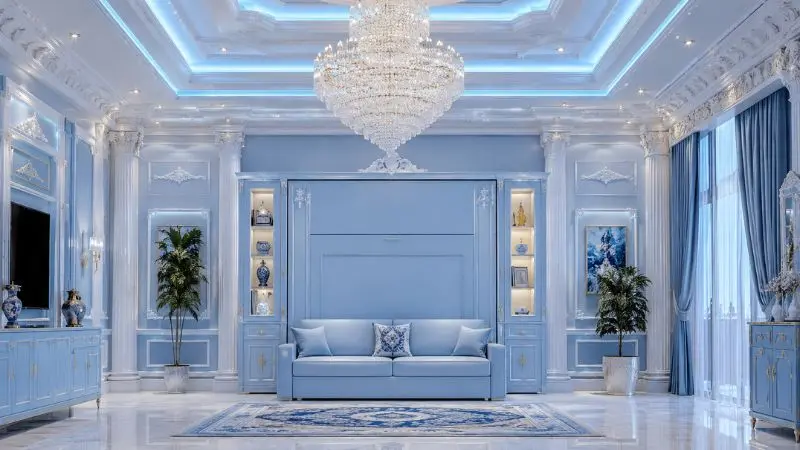 Sky blue luxury Murphy bed sofa in a royal living room with blue neon false ceiling.