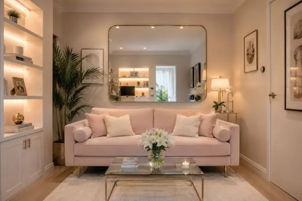 A fully visible small pastel blush couch with slim raised legs inside a compact modern living room featuring a large wall mirror.