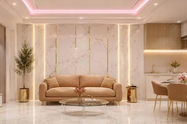 Tan caramel bouclé sofa with a round glass table against a backlit marble wall.