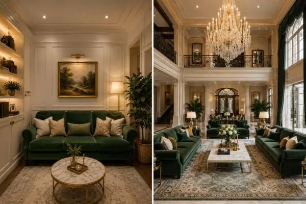 A vertical split image comparing a green velvet sofa in a small room versus a large living hall.