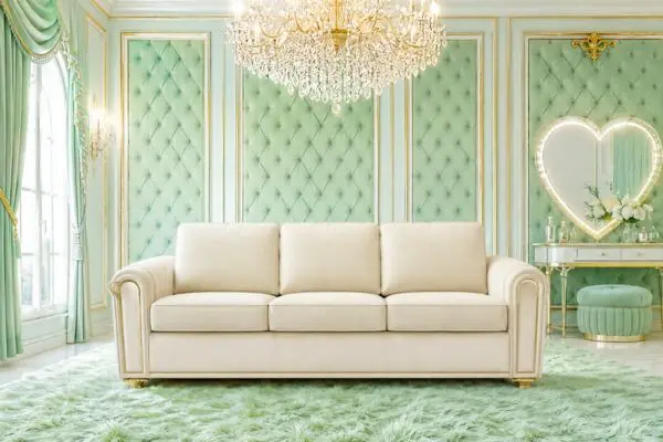 cream 3 seater queen size sofa bed closed in mint green room